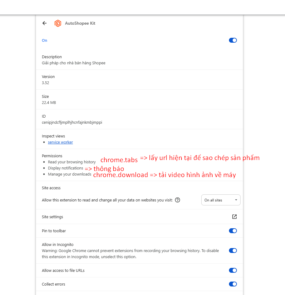 Trang chi tiet AutoShopee Kit trong Chrome, muc Permissions chi co ba dong