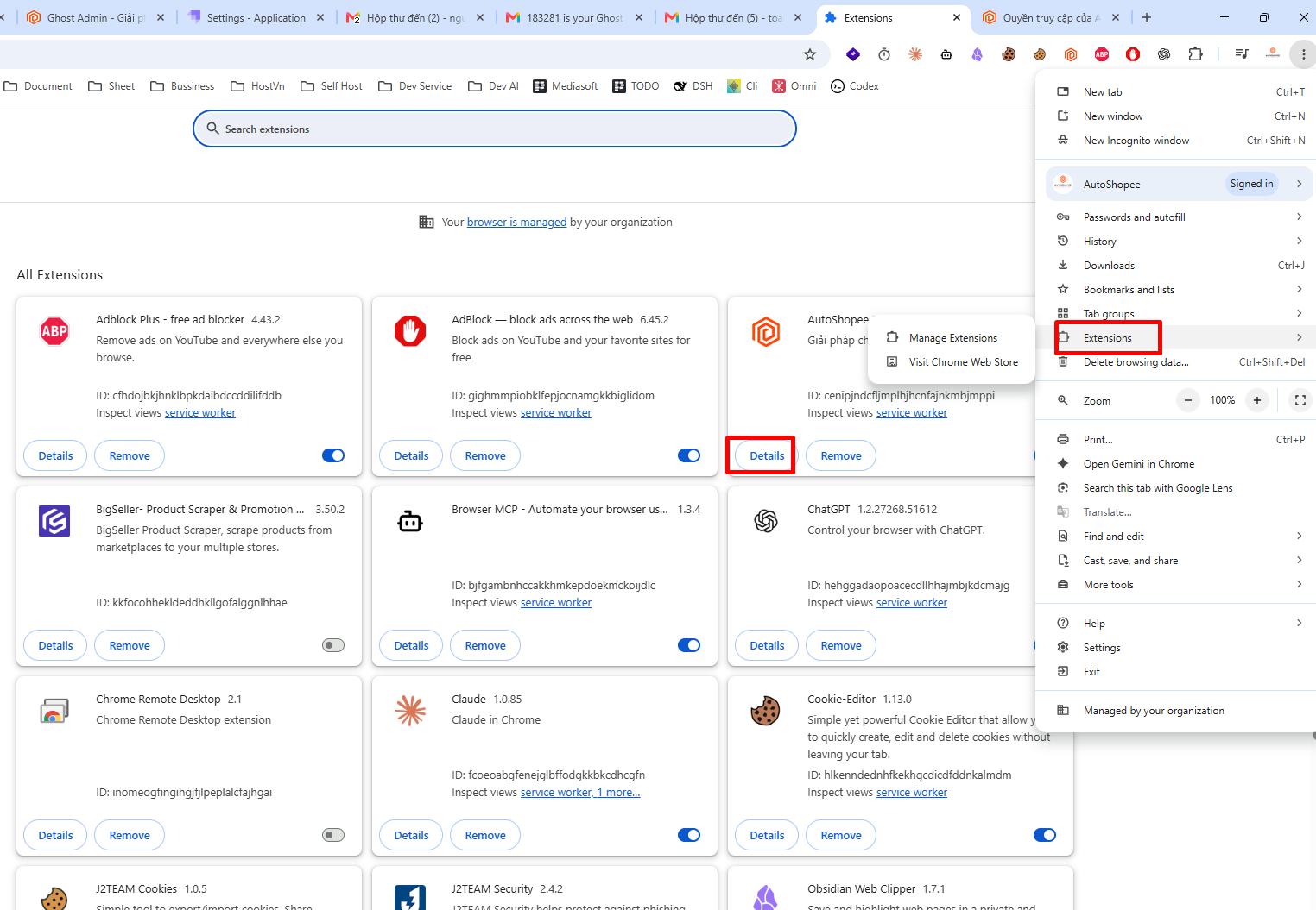 Menu Chrome mo ra muc Extensions, the AutoShopee Kit co nut Details duoc khoanh do