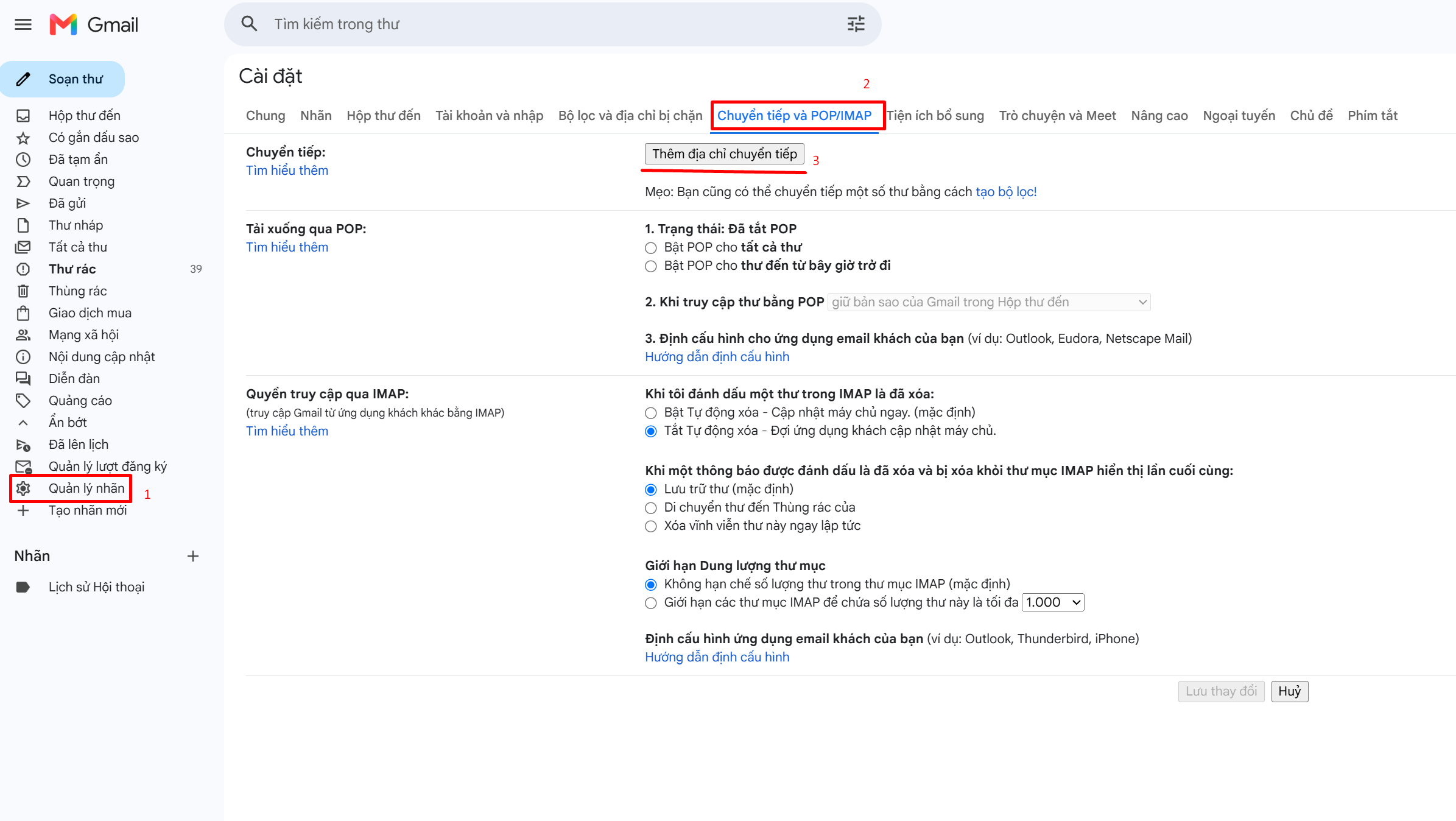 Giao diện cài đặt chuyển tiếp và POP/IMAP trên Gmail