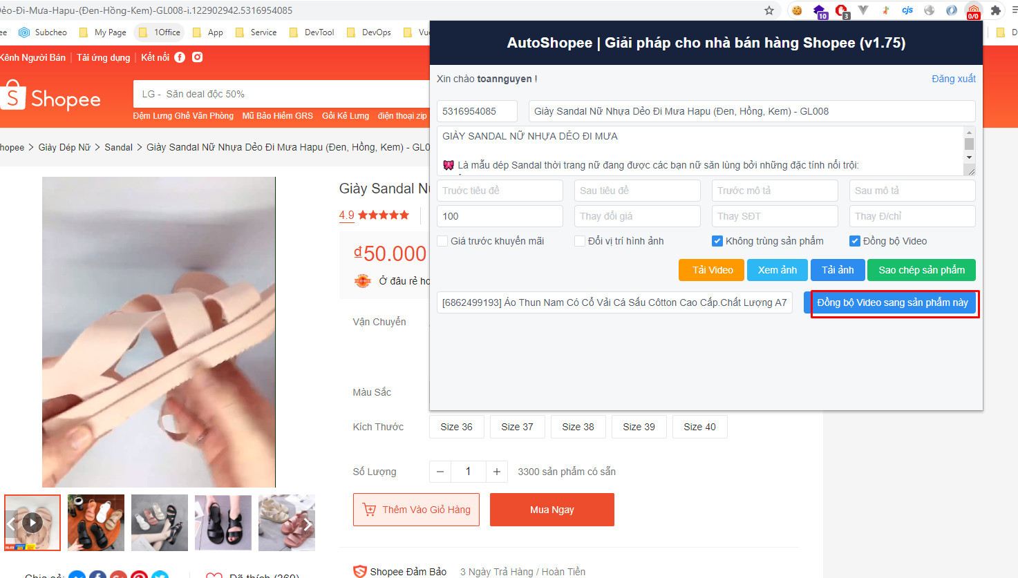 Nút Đồng bộ sản phẩm để gắn video vào sản phẩm Shopee của bạn
