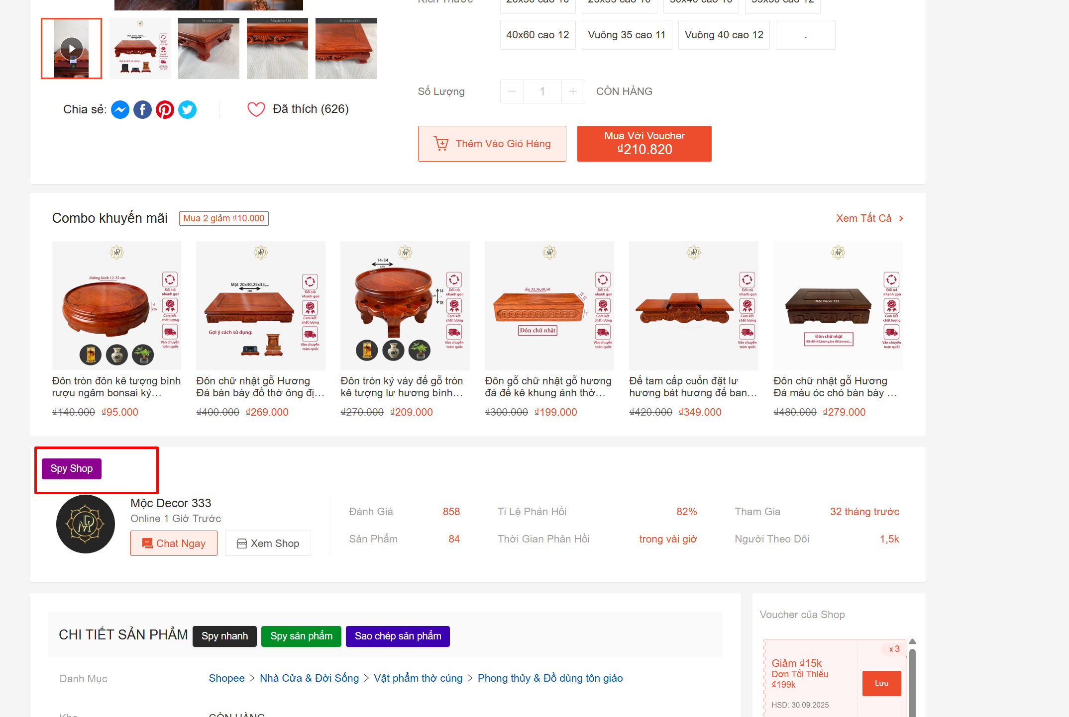 Nút Spy Shop bên cạnh thông tin gian hàng người bán trên Shopee