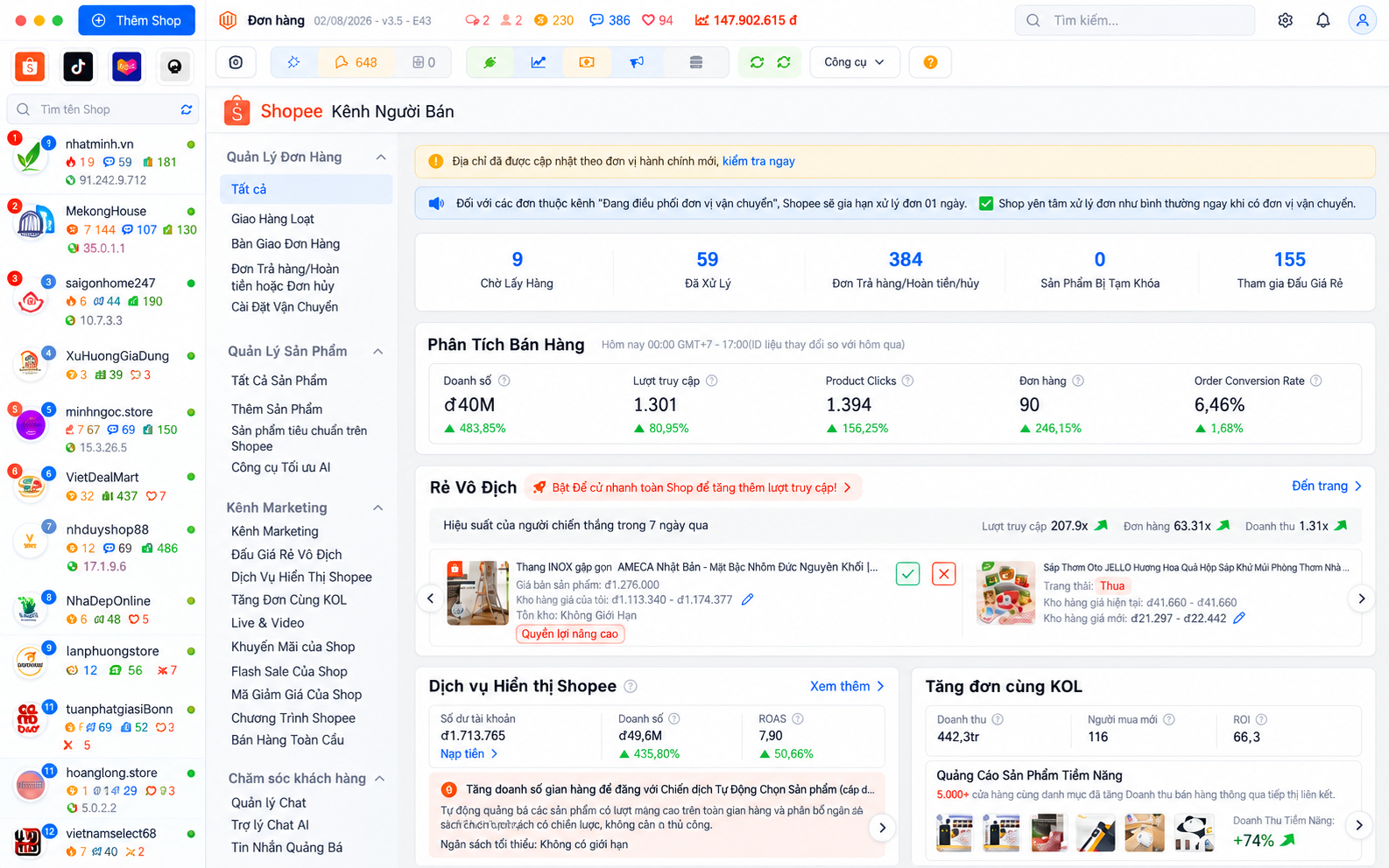Shop Manager hiển thị nhiều shop Shopee, TikTok Shop, Lazada trên cùng một màn hình