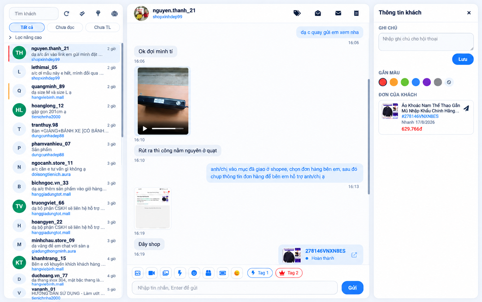 Màn chat với khách trong Shop Manager, có ghi chú và đơn của khách bên cạnh