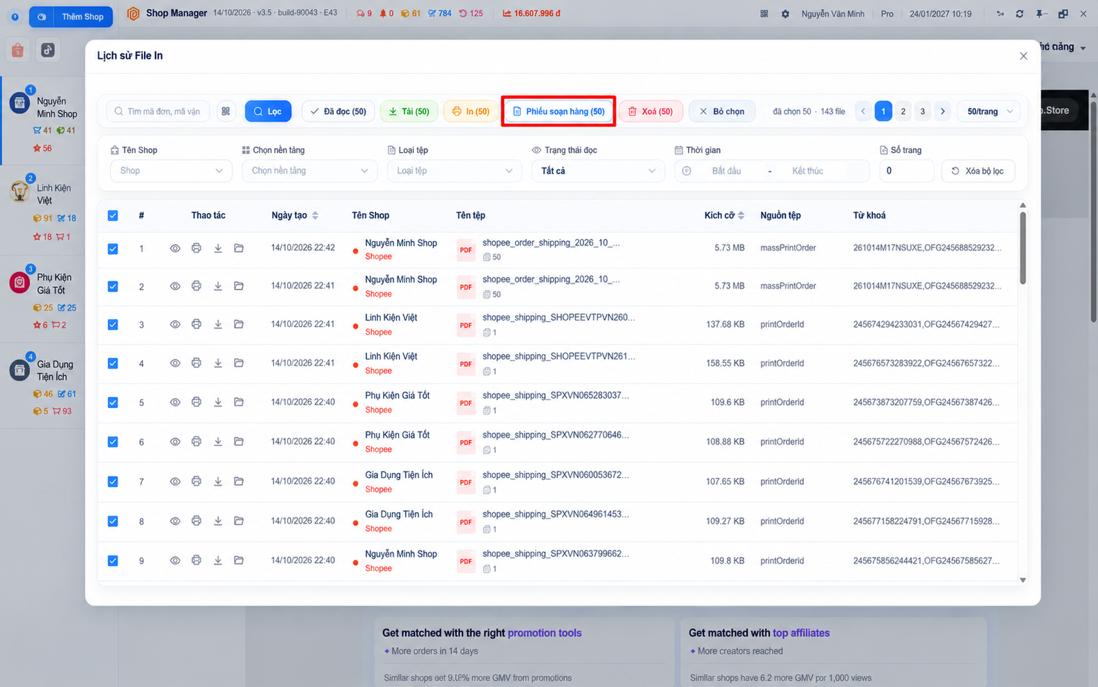 Lịch sử File In trên ShopManager: chọn 50 file in đơn của nhiều shop rồi bấm Phiếu soạn hàng