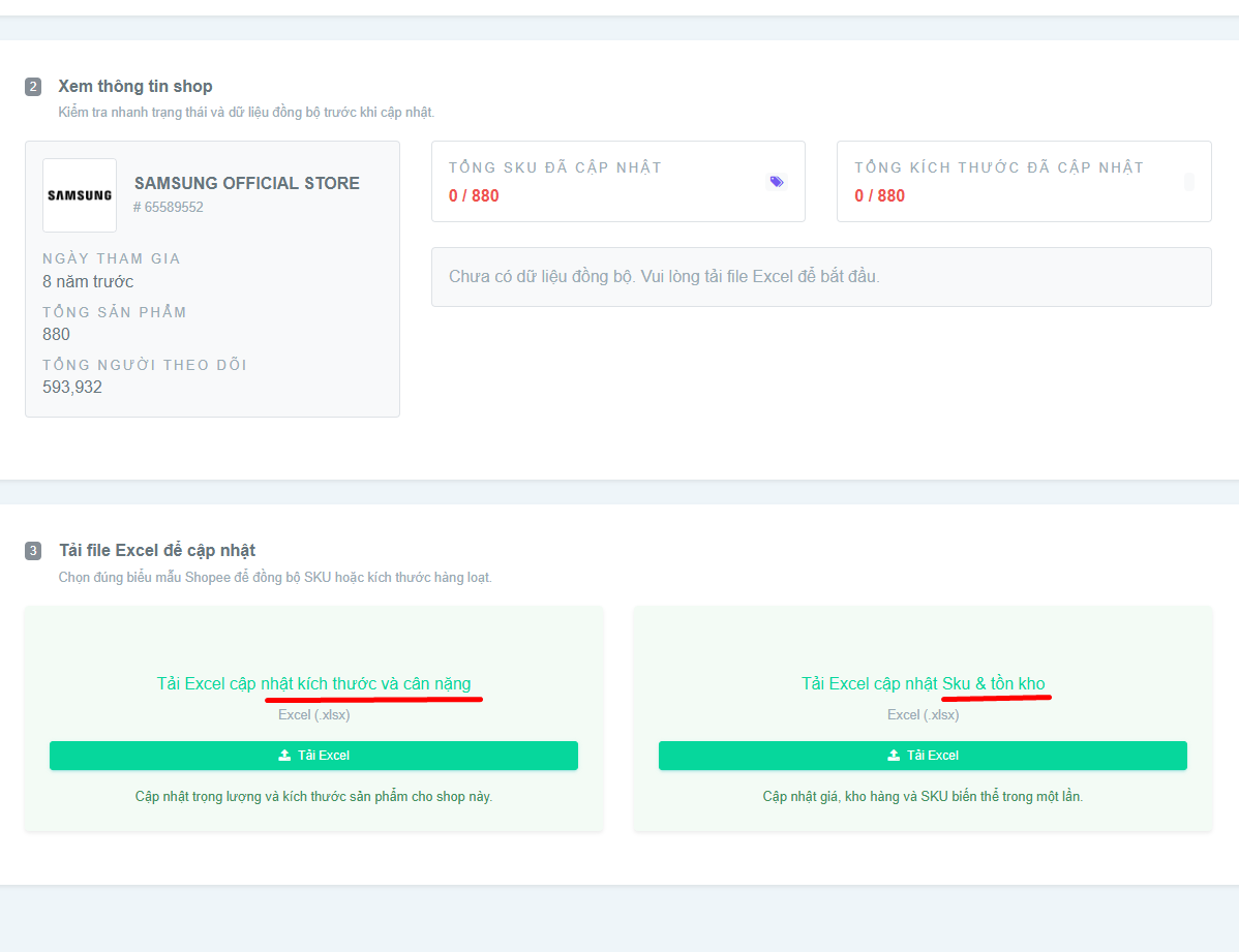 Trang đồng bộ dữ liệu sản phẩm Shopee trên AutoShopee với hai ô tải file Excel kích thước cân nặng và SKU tồn kho