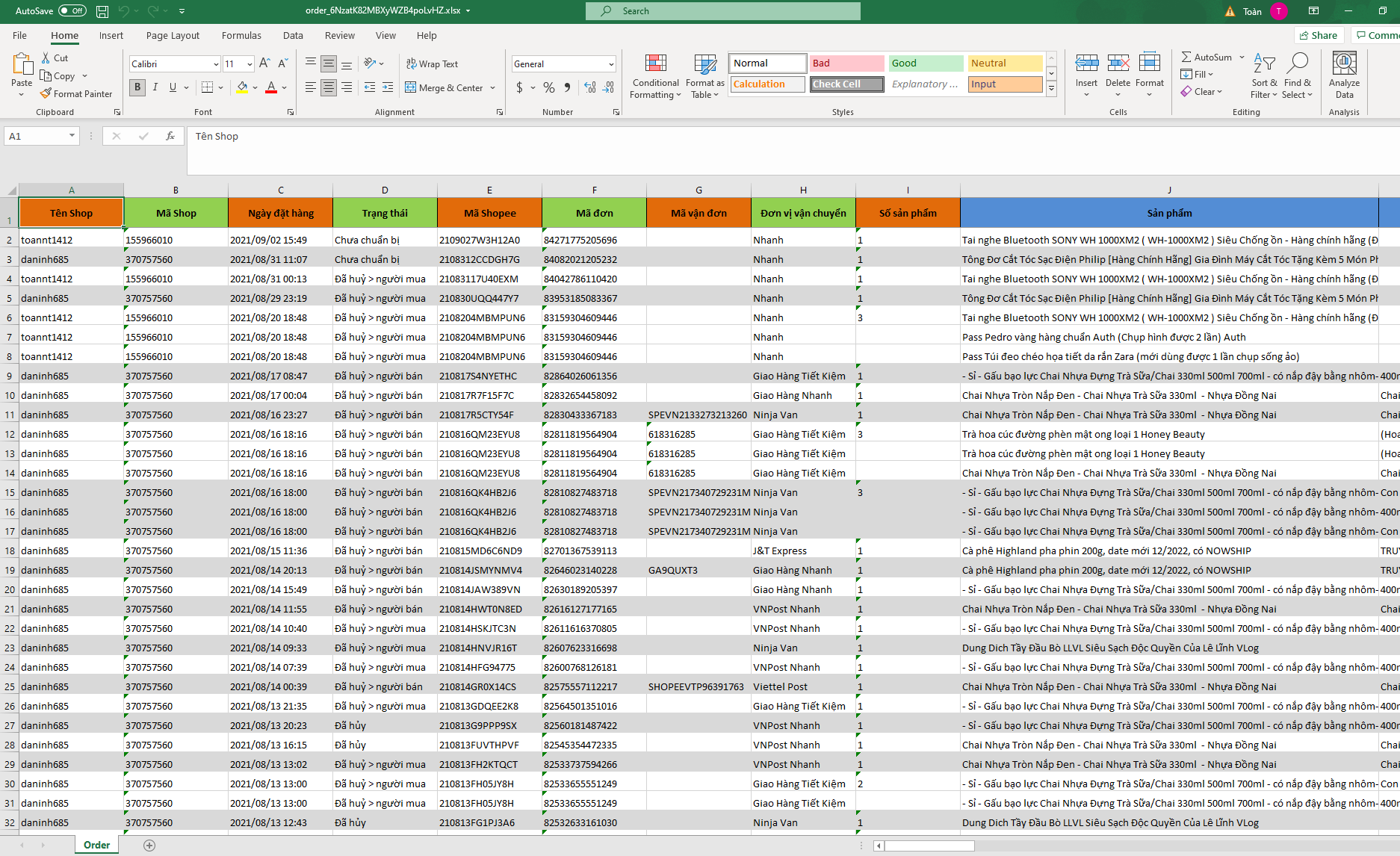 Bảng dữ liệu Excel đơn hàng chi tiết mã đơn, sản phẩm và doanh thu