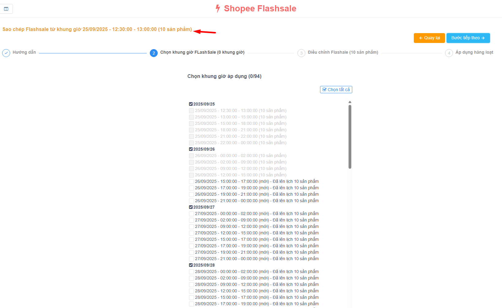 Bước Chọn khung giờ áp dụng trong AutoShopee Kit: danh sách khung giờ Flash Sale theo ngày, nút Chọn tất cả và Bước tiếp theo