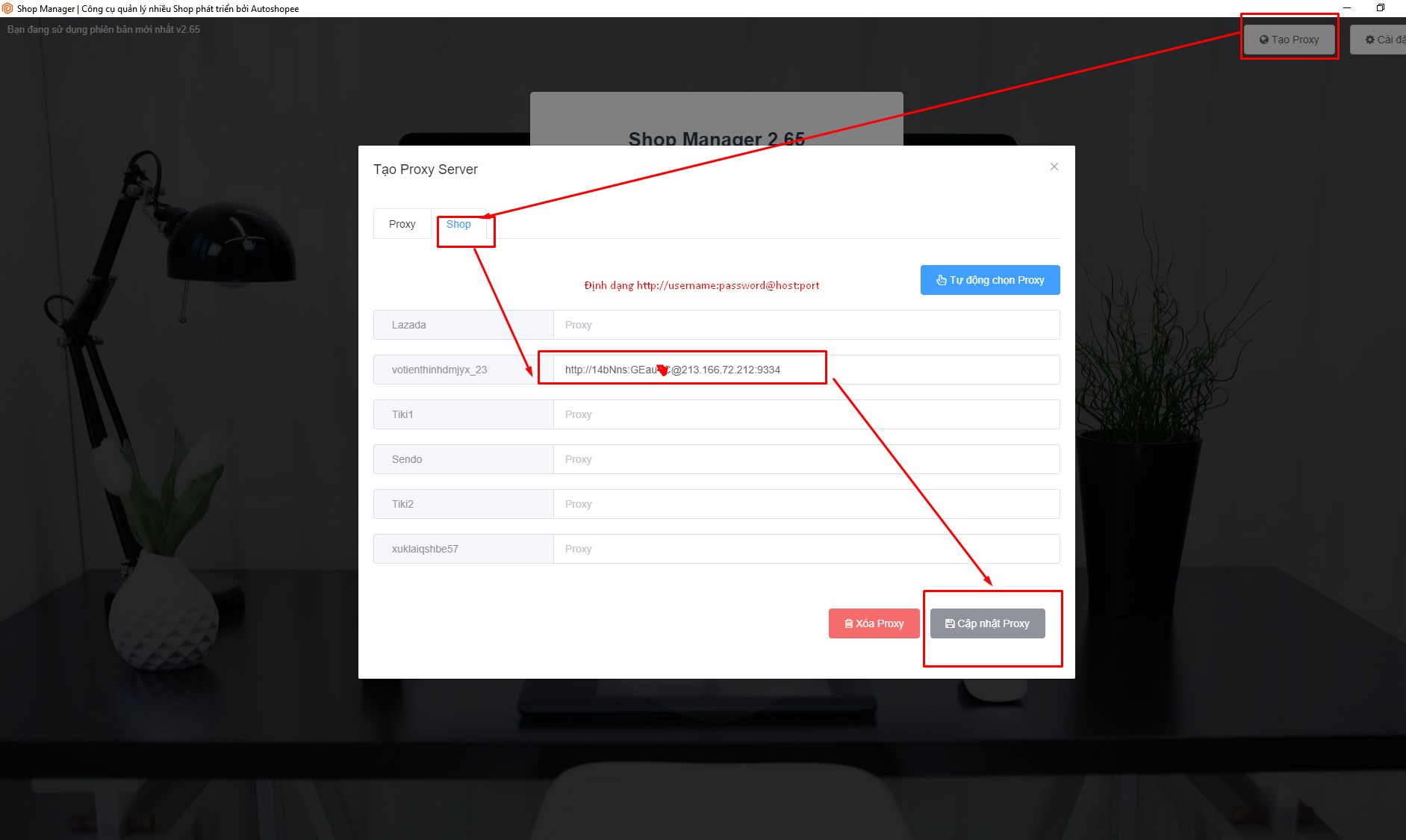 Dán proxy vào ô Proxy của từng shop rồi bấm Cập nhật Proxy