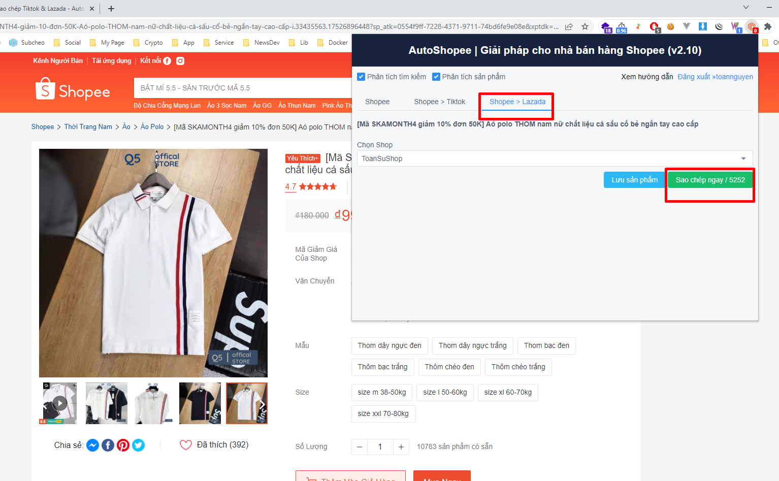 Tiện ích AutoShopee Kit mở trên trang sản phẩm Shopee, tab Shopee > Lazada với ô Chọn Shop và nút Sao chép ngay