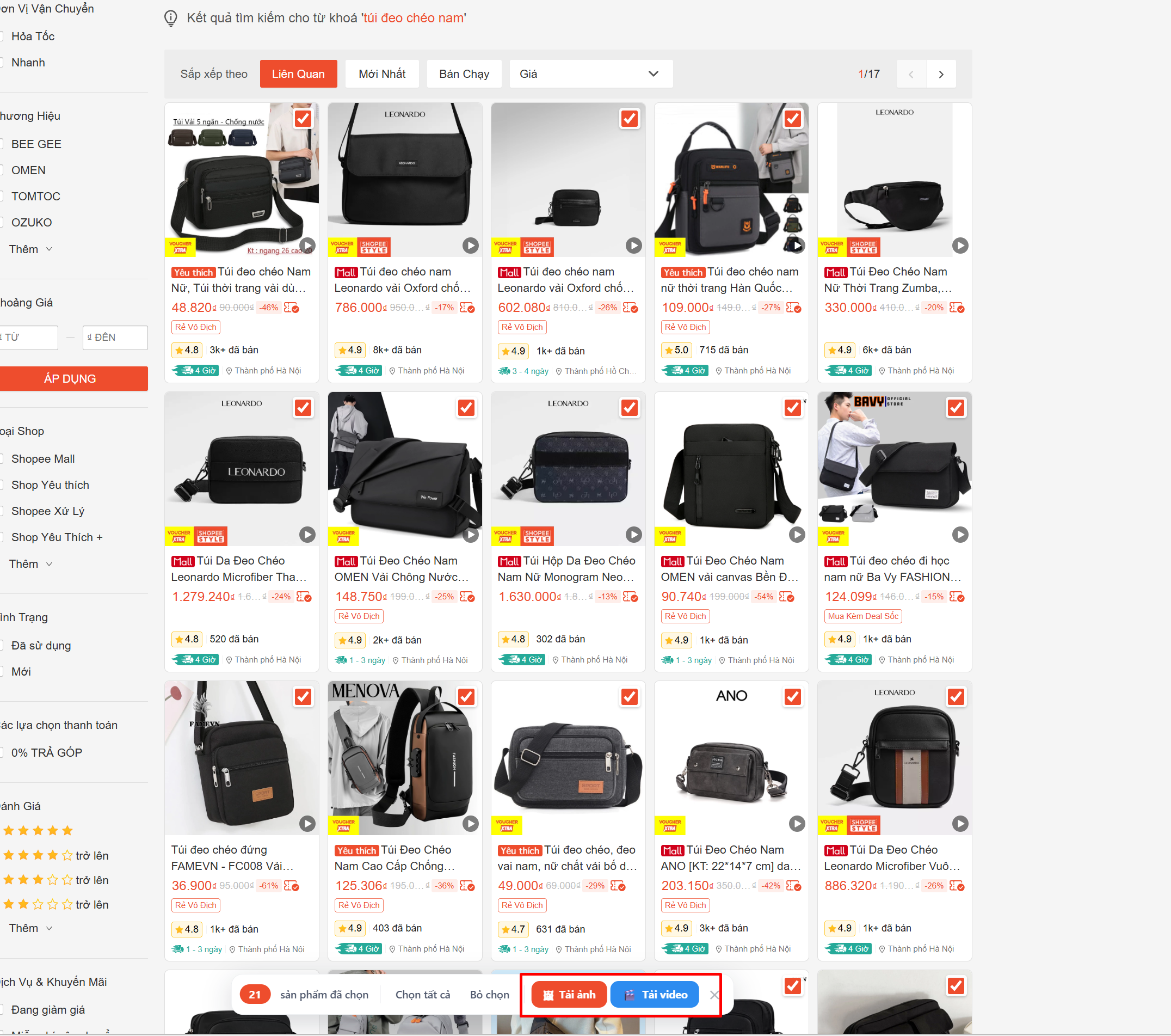 Trang tìm kiếm Shopee đã tick nhiều sản phẩm, thanh dưới có nút Tải ảnh và Tải video
