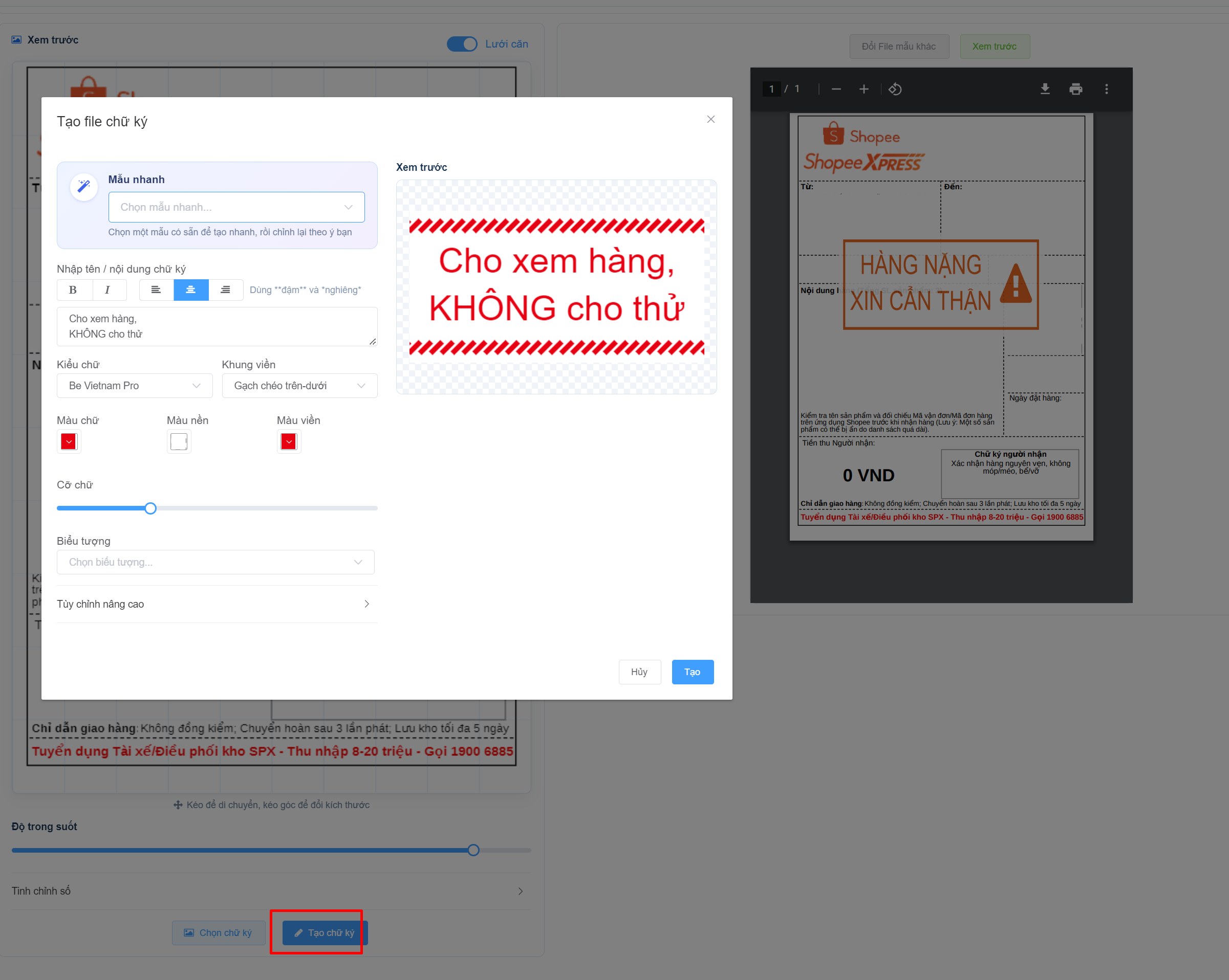 Cửa sổ Tạo file chữ ký trong Shop Manager với mẫu nhanh, kiểu chữ, khung viền và màu