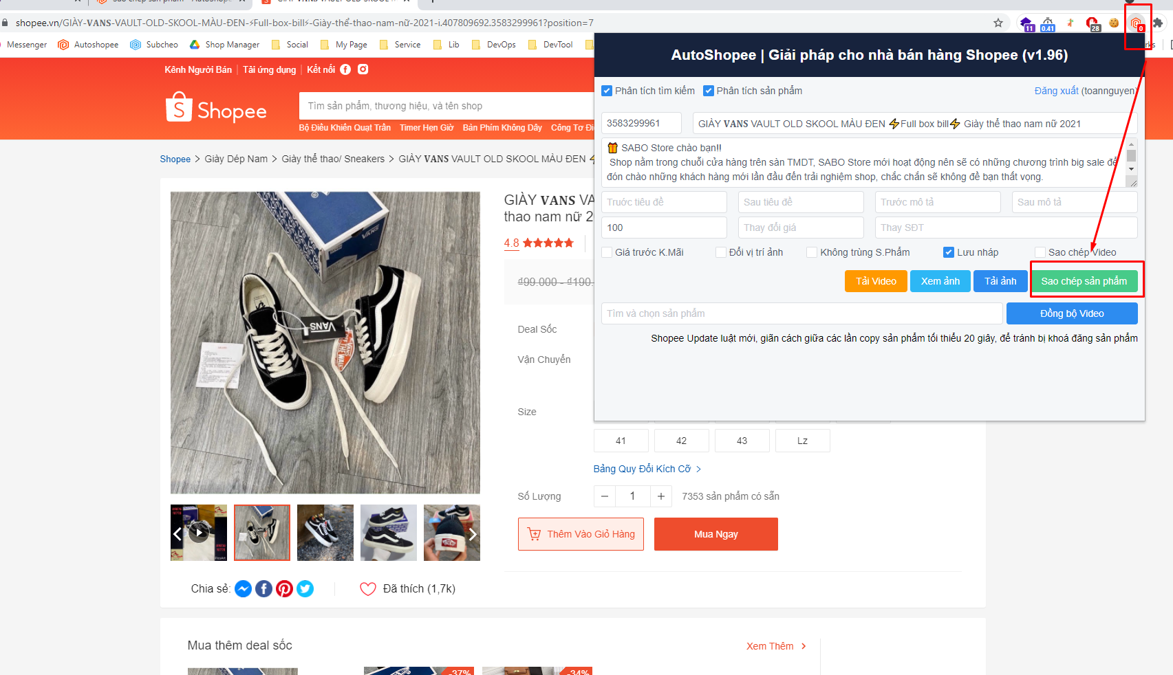 Nút Sao chép sản phẩm màu tím của AutoShopee Kit trên trang chi tiết sản phẩm Shopee