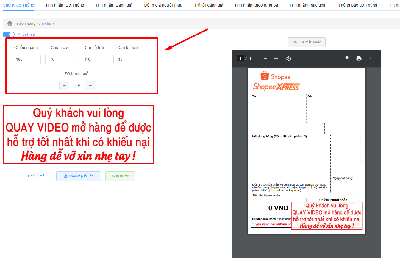 Chỉnh Chiều ngang, Chiều cao, Căn lề trái, Căn lề dưới, Độ trong suốt của con dấu và xem trước trên phiếu Shopee