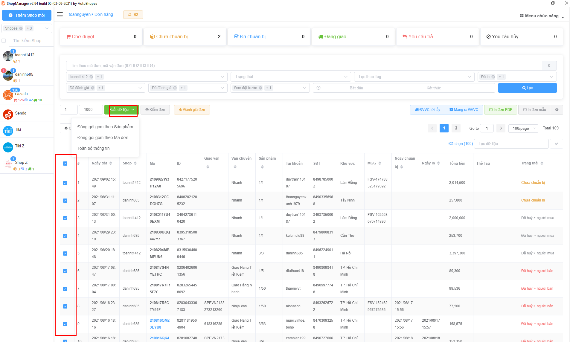 Chọn đơn hàng và bấm Xuất dữ liệu ra file Excel trong Shop Manager