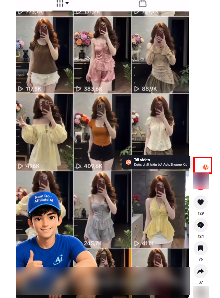 Nút Tải video của AutoShopee Kit ở cột nút bên phải video TikTok trên trình duyệt máy tính