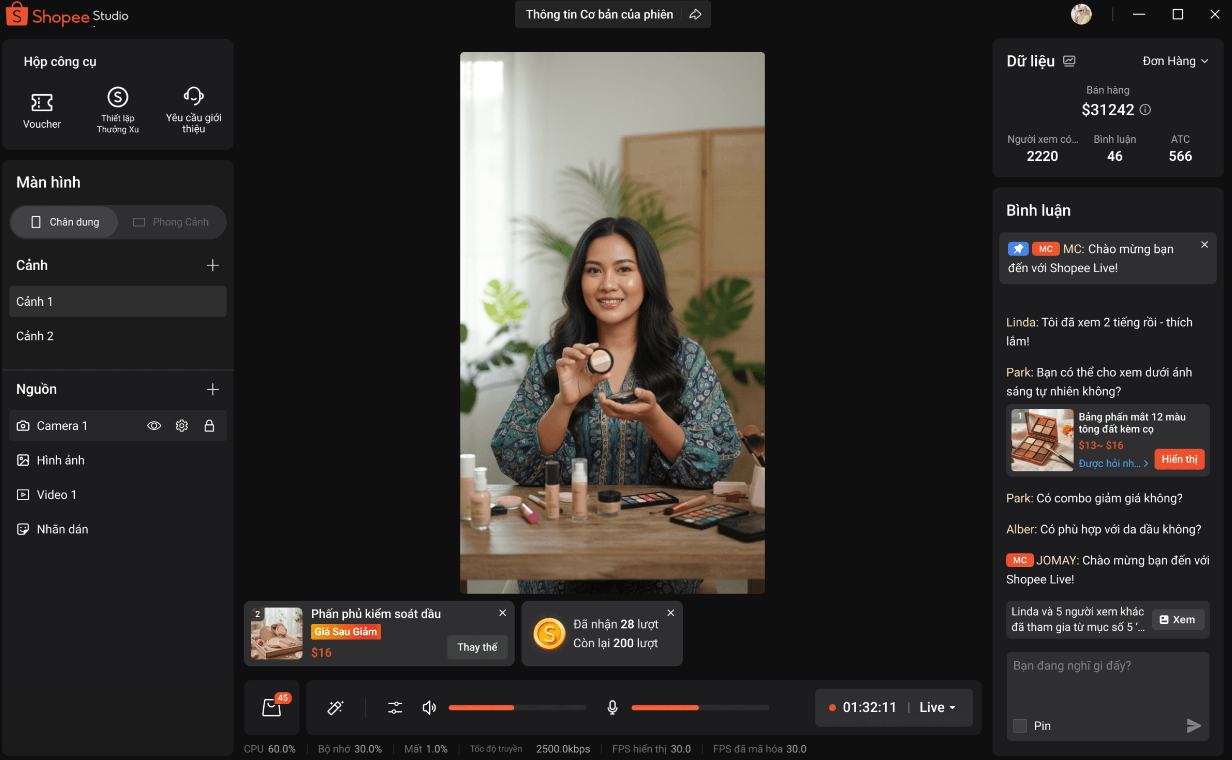Giao diện Shopee Live Studio trên máy tính: hộp công cụ voucher và thưởng xu, nguồn camera, khung hình live, dữ liệu bán hàng và bình luận