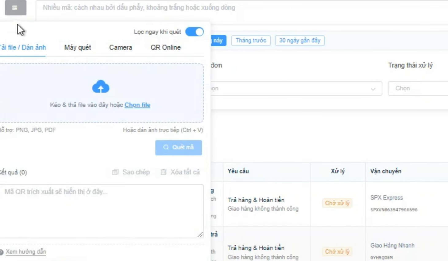 Hộp quét mã vận đơn trong Shop Manager với bốn cách: tải ảnh, máy quét, camera và QR Online