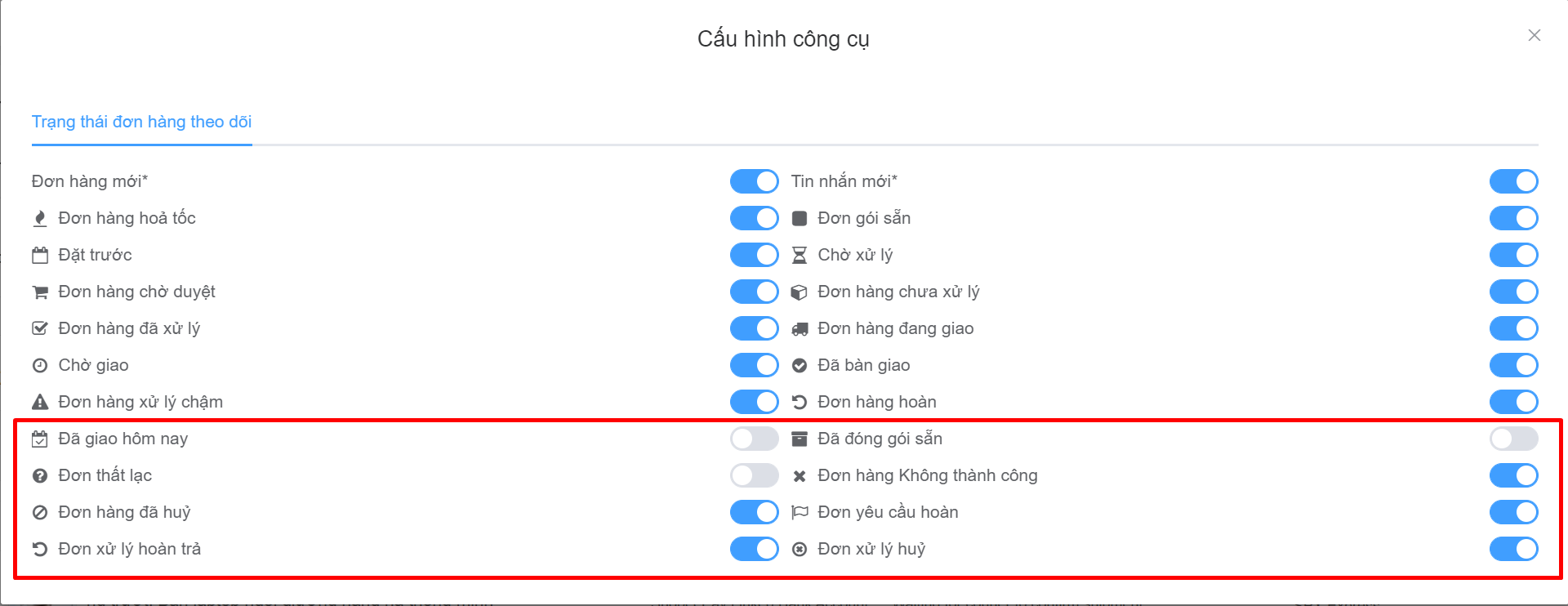Tab Trạng thái đơn hàng theo dõi trong Cấu hình công cụ của ShopManager với công tắc bật tắt từng loại đơn